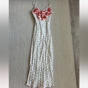 RIXO Satin Cami Maxi Dress Polka Dot Ruffles Size XXS